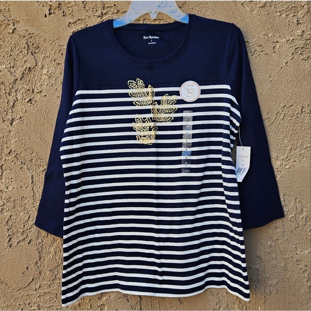 Kim Rogers Navy Blue and White Striped Christmas Leaves 3/4 Sleeve Shirt